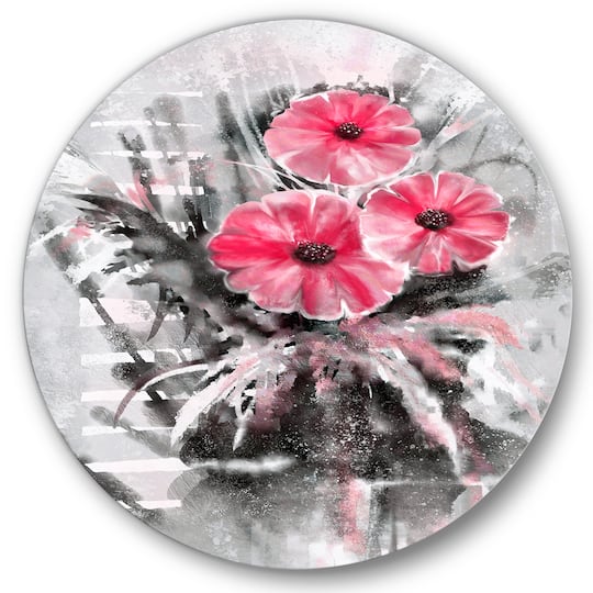 Designart - Abstract Red Flowers On Gray - Traditional Metal Circle Wall Art